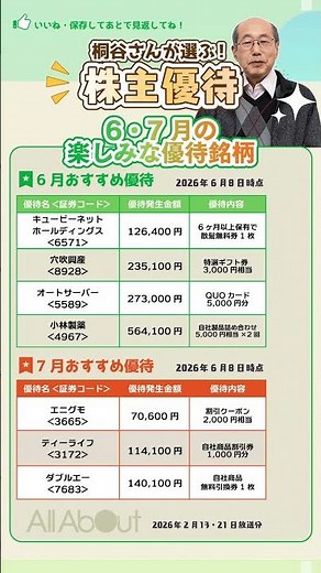 【桐谷さんが選ぶ！】「6・7月の楽しみな優待銘柄」#桐谷広人 #桐谷さん #マネー #株主優待 #優待銘柄 #投資