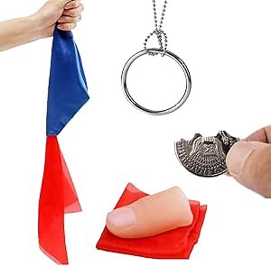 Neliky Magic Tricks Kit Including 4 Classic Tricks - Bite Coin, Color Change Silk, Disappearing Silk Fake Thumb Tip,Magic Ring Chains for Streets Magic Props Set and Close Up Magician Kit