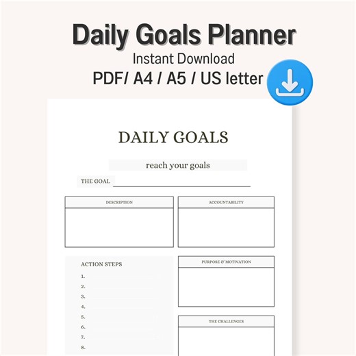 Daily Goals Planner Printable PDF A4 A5 US Letter Goal Setting Worksheet Template - Etsy Canada