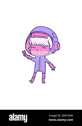 splitting effect animation of cartoon spacegirl making peace sign