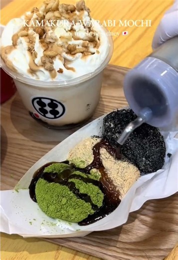 these are my new fave drinks with mochi inside 🤩 kinako okinawa latte is a MUST order for this season!! if you love chocolate the choc strawberry drink with strawberry warabi mochi is the perfect combo 🙌🏻 for dessert the kinako soft serve is just so creamy and light! and don’t forget to buy some boxes of warabi mochi to bring home for later ☺️ @Kamakura Australia #invite #sydneyfoodie #foodblogger #tiktokfood #foodie