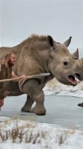 Small group of Neanderthals hunting an animal: 50000 BC