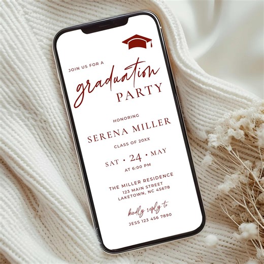 Burgundy Minimalist Graduation Invitation Template, Editable Modern Grad Party Invite for Phone, Elecronic Simple Graduation Evite, TP2 - Etsy