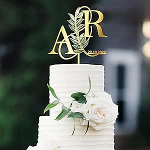 Personalized Wedding Cake Topper in Acrylic Custom Bride and Groom Initial Cake Topper Cake Decoration (Green Leaves)