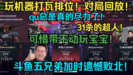 玩机器打瓦排位！对局回放！qu总是真的尽力了！31杀的超人！可惜带不动玩宝宝！斗鱼五兄弟加时遗憾败北！