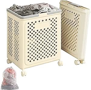 Plastic Laundry baskets,Folding Laundry Basket with Wheels,46L Laundry Basket on Wheels and Handles,Rolling Laundry Hamper With Laundry Bag,It is Easy to Move for Bathroom, Dorm,Laundry Room,Beige