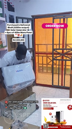 iSPEED SOLAR on Instagram: "‎Affordable 8kwh (4200w output) Solar Generator⚡ 8pcs of 450w panel ‎ ‎PRICE: ₦2,500,000 ‎ ‎Perfect for your Inverter Ac, Pumping Machine, TV, phones, fridge/freezer, laptops, tablets, rechargeable fans, Ps 4/5, light bulb, etc. ‎ ‎Pls, don't use it on heavy watts appliances that is more than 4200w. ‎ ‎Nationwide delivery🚚 ‎ ‎kindly DM @ispeedtechnology OR VIDEO CALL/WHATSAPP 09130954096 to place your ORDER now. ‎ ‎Walk-in-Office: 📍D16 Century Mall Plaza, Alaba Inte