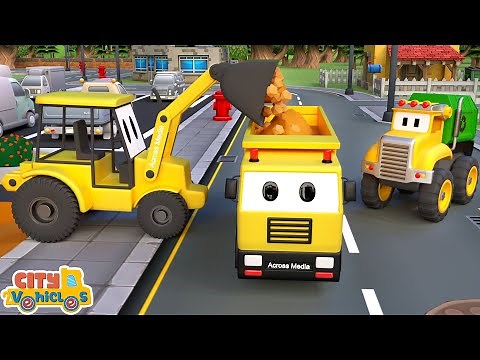 Construction vehicles build a car wash —excavator, wheel loader, mixer and dump truck for kids