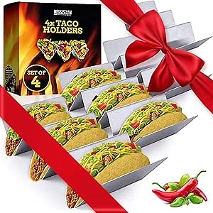 MOUNTAIN GRILLERS Taco Holders Stainless Steel Set of 4 - Reversible Tortilla Holder Tray Can Hold 2 or 3 Shells - Taco Tuesday Makes Prep a Breeze, No Mess - Dishwasher Safe