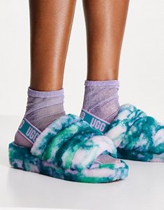 UGG Fluff Yeah marble slide flat sandals in aquatic blue | ASOS