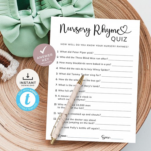 Nursery Rhyme Quiz Baby Shower Game, Children's Book Trivia, Minimal Modern Activity, Kid Ditty Game, Answer Key. Editable, Printable | MN01 - Etsy
