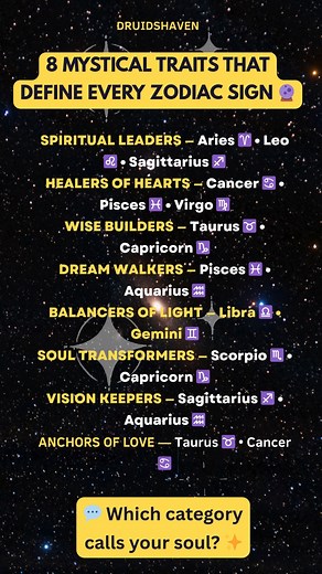 26K views · 111 reactions | 8 Mystical Traits That Define Every Zodiac Sign ✨ #reels #reelsfb #tarot #tarotreading #witchtok #astroshorts #zodiactok #manifestation #trend #foryou #viral #spirituality #druidshaven #horoscope #zodoacsigns | Druidshaven | Facebook