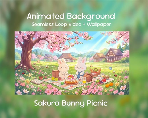 Anime Animated Background| Sakura Bunny Picnic, Kawaii Spring Meadow, Easter, Lofi, Twitch Overlay, Vtuber Stream - Etsy