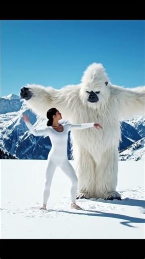 Panda dancing with a girl in snowfall area