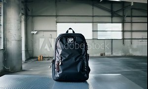 The backpack is placed on a metal table in an industrial-style room,slowly zoom out. Product’s modern and versatile design.