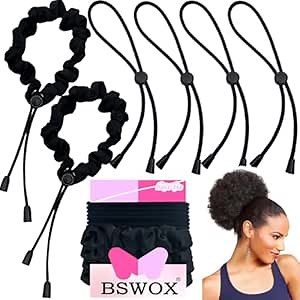 6 Pcs Black Large Adjustable Length Satin Hair Ties for Afro Puff, Heavy and Curly Hair, Silk Soft Ponytail Holders - Perfect for Medium to Thick Hair