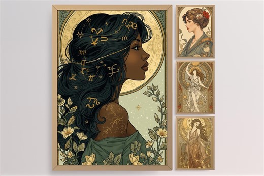 Art Nouveau Zodiac Poster Celestial Astrology Cosmic Wall Art Digital Download Set of 4 - Etsy