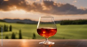 A luxurious glass of cognac with a scenic background detailed close up slow zoom 4k animation
