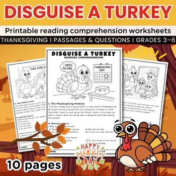 Disguise a Turkey Reading Comprehension Worksheets, Thanksgiving Passages