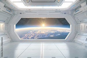 A large window in the white space station with an earth view, the sun rising over planet Earth from inside of spaceship interior design elements White room on starship futuristic sci-fi architecture