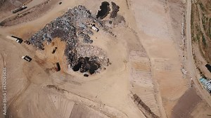 Aerial view of city dump or landfill. Pile of plastic trash, food waste and other garbage. Pollution concept. High quality 4k footage