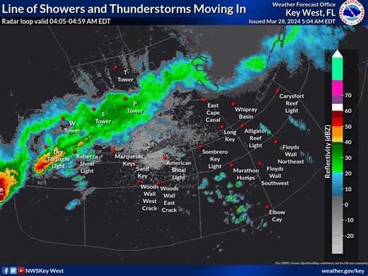 Here's a current look at a radar loop showing a broken line of showers and thunderstorms that are currently moving through our western waters. Additional showers are developing ahead of this line across the central Straits of Florida. In addition, a Small Craft Advisory is in effect for the Outer Gulf Waters due to developing fresh to strong northwest breezes. Expect Strong breezes to fill in behind a frontal passage this afternoon. Please visit weather.gov/key and weather.gov/key/marine for mor