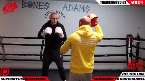 Skylar Lacy & coach Bones Adams staying sharp with a pad work drill at Bones Adams gym
