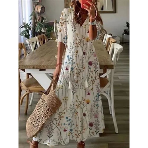 video, Spring  Summer New Long Dress Sexy V-neck Drawstring Printed Long-sleeved Dress Casual Loose Fashionable Elegant Dress