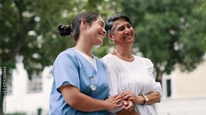 Caregiver, elderly woman and talking with walk in nature social and friendship with outdoor wellness in retirement. Nurse, old person and discussion in cape town, travel and care with support in city