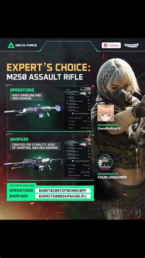 ‎Got your hands on the M250 Assault Rifle? 🎯 Stop guessing and start dominating! ‎ ‎We've got the expert-approved customisation codes for both the Operations and Warfare builds right here: ‎ ‎Operations: ‎6HRET8C09T2F9D1MEK0PF ‎ ‎Warfare: ‎6HR927G00BQ4P84DDL91J Let's Go Play 💝 Garena Delta Force 🔥 Delta Force Game 🔥 ‎ ‎Follow, Share, Support, and Subscribe in my Facebook Page, TikTok and YouTube 🔥 FJZ Gaming TV ‎ ‎#DFCCSMP #GarenaDeltaForce #DFWarAblaze #DFxArknight #DFGiveaways #DF1stAnniv