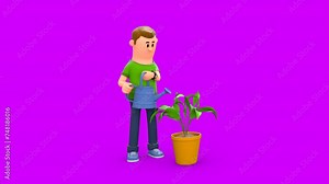 3D Cartoon Character Man Watering a Potted Plant With the Help of a Watering Can. Animated Scene of Pouring Water on Growing Green Plant in a Pot.