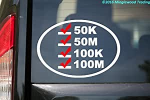 Ultra Runner's List 6.5" x 4.5" Vinyl Decal Sticker | 50K 50M 100K 100M Ultramarathon Trail Running | White w/Red Checkmarks