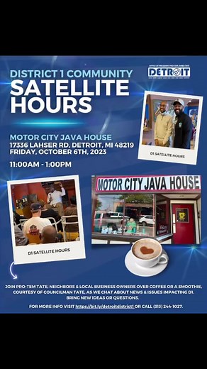 14 shares | Will we see you THIS FRIDAY!?Coffee or Smoothie from @justjavahouse ON TATE! Bring your positive vibes, questions, comments & concerns for our 1st Friday of October Satellite Hours - #coffeeandconversation #district1 #district1detroit #teamtate #districtmeeting #motorcityjavahouse #detroitcitycouncil #citycouncil #protem #goteamgo | District One Detroit - D1 | Facebook
