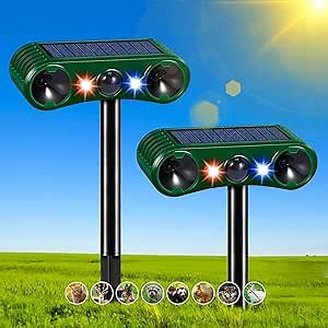 Cat Deer Squirrel Repellent Devices Outdoor, 2025 Solar Ultrasonic Animal Repeller with Motion Sensor&Flash Light to Keep Skunk Dog Rabbit Coyote Raccoon Out of Garden Yard Farm(2Pack)