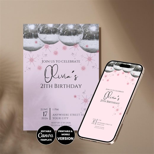 Editable Disco Ball Birthday Invitation Printable Canva Template Dirty 30 Animated Pink Glitter Diamonds Girly Party Invite Mobile Retro - Etsy Canada