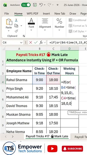 Payroll Tricks #17 🔥 Mark Late Attendance Instantly Using IF + OR Formula in Excel #excel #exceltips