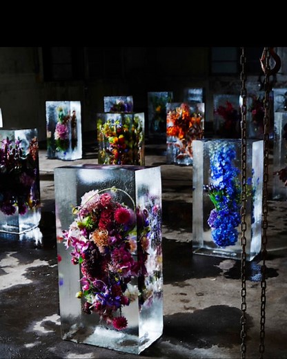Azuma Makoto is a renowned Japanese floral artist known for his innovative, boundary-pushing creations that often blend nature with modern art. His work focuses on the transient beauty of flowers, capturing their fleeting existence in thought-provoking ways. In his Iced Flowers exhibition, Makoto explored the contrast between fragility and preservation, encasing delicate blossoms in blocks of ice. This temporary suspension of life in a frozen form highlights the natural cycle of growth and decay