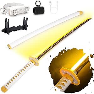 RENGENG Light Up Sword, 40 Inches Rechargeable Plastic Replica with Belt & Stand, Sword with Original Texture