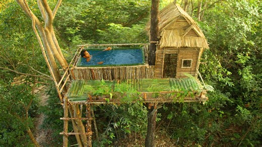 Building a jungle treehouse with a pool | Primitive DIY forest living