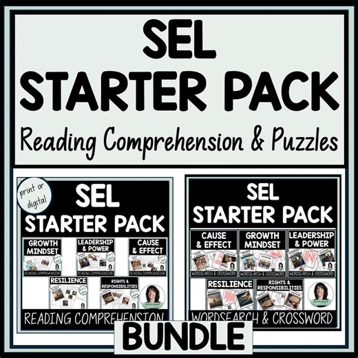 🌟📚 5 Powerful SEL Topics. ONE No-Prep Literacy Bundle. 📚🌟 Looking for meaningful SEL lessons that actually build reading skills too? This SEL Reading Comprehension Puzzle Bundle covers FIVE essential life skills students need — all in one easy, student-approved resource! 🧠 Included SEL Topics: ✅ Growth Mindset ✅ Resilience ✅ Leadership ✅ Innovation ✅ Cause & Effect Each topic includes an engaging reading passage paired with word search & crossword puzzles to reinforce vocabulary, comprehens