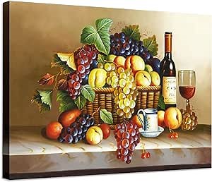 Kitchen Canvas Wall Art Dining Room Wall Decor Fresh Grapes Fruits Basket Pictures Art Paintings Vintage Prints for Living Room Bedroom Stretched and Framed Ready to Hang (Artwork-2, 24x32inch)