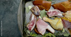 Raw uncooked pork meat and chicken on a tray with spices and vegetables