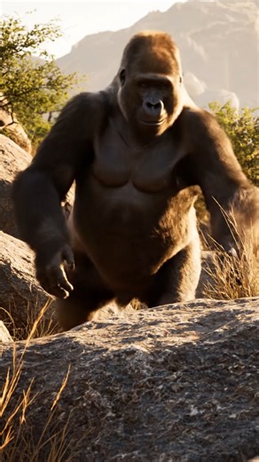 A realistic photo of a gorilla standing tall on two legs in a rocky habitat. #wildlife #wildanimals #gorilla #animals | Gorilla Video