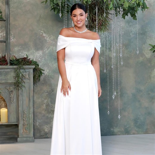 Long, Elegant Plus Size Satin Off-shoulder Bridal Gown With Thigh Slit. Classic Courthouse Bridal Gown - Etsy