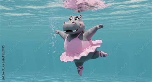 An animated hippo, wearing a pink ballet tutu, dances gracefully underwater in a serene scene. Stock Video