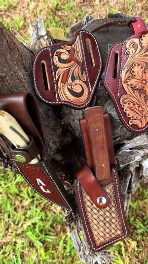 Several custom knife sheaths I made this week. My customers set me their blades and I made them their custom fitted sheaths. Message me to get one made for your knife. # in the bio #handtooledleather #leathercraft #knife #custom #leather