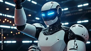A white robot with blue lights in its helmet stands in a futuristic environment