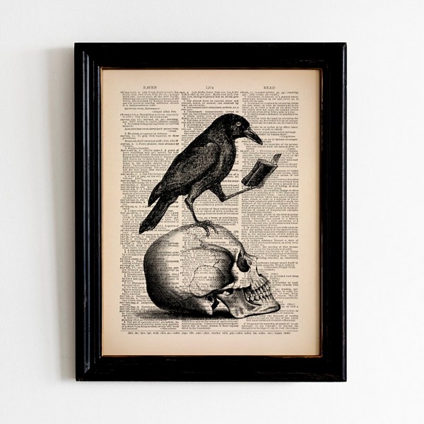 Skull With Raven Edgar Allan Poe Raven Nevermore Book Reading Crow Black Bird Gothic Poster Gift for Book Lover Gift for Goth Halloween 542 - Etsy