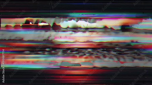 Abstract digital static effect creating a vibrant, distorted screen texture with retro VHS-style noise and color bleeding, reminiscent of a corrupted television broadcast