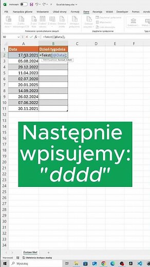 🗓️ Jak Wyciągnąć Nazwę Dnia Tygodnia z Daty w Excelu! 📊 #excel #exceltips #pracaexcela #kursexcel